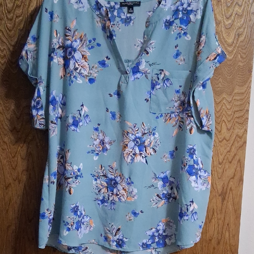 Signature Studio Teal Floral V-Neck Blouse with Blue and Peach Accents